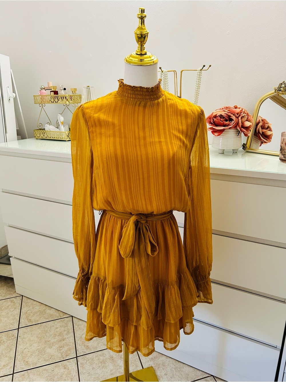 High-Neck Ruffle Tiered Long-Sleeve Dress in Mustard